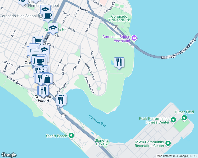 map of restaurants, bars, coffee shops, grocery stores, and more near 1815 Monterey Avenue in Coronado