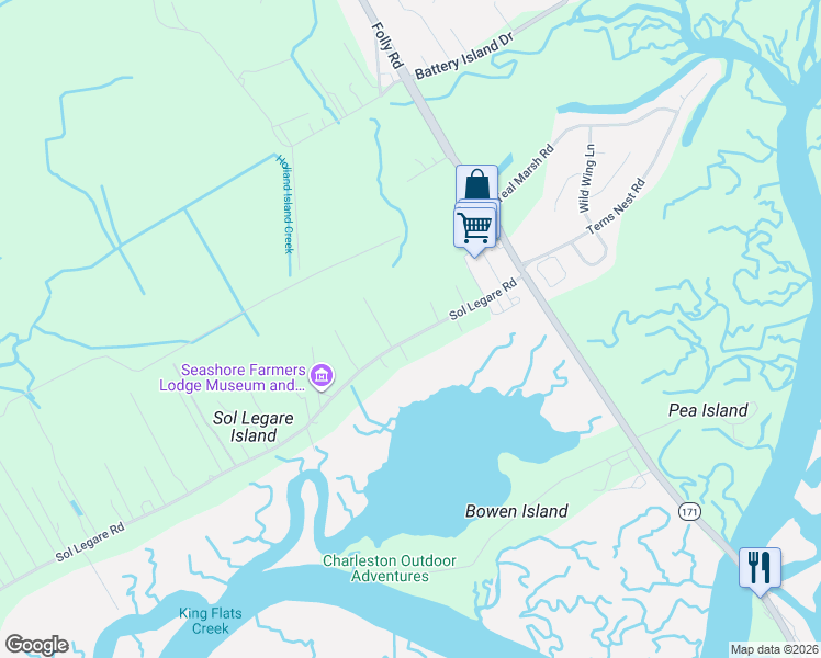 map of restaurants, bars, coffee shops, grocery stores, and more near 1761 State Road S-10-432 in Charleston