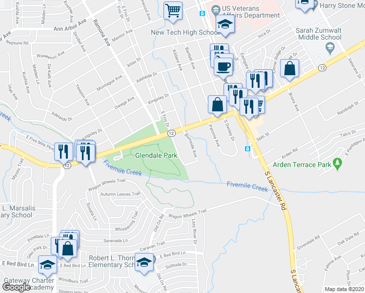 map of restaurants, bars, coffee shops, grocery stores, and more near 5138 East Frio Drive in Dallas