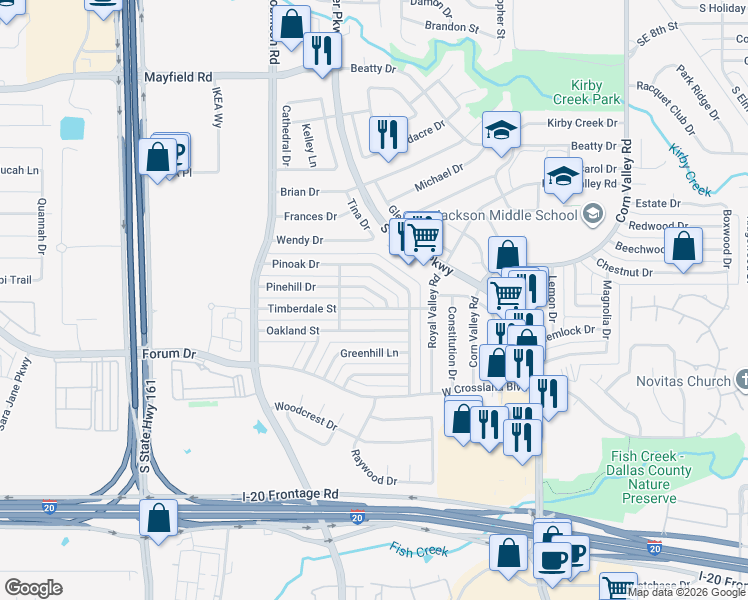 map of restaurants, bars, coffee shops, grocery stores, and more near 705 Pinehill Drive in Grand Prairie
