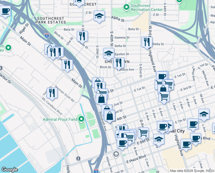 map of restaurants, bars, coffee shops, grocery stores, and more near 3909 Marine View Avenue in San Diego