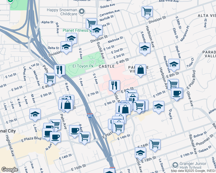 map of restaurants, bars, coffee shops, grocery stores, and more near 2325 East 7th Street in National City