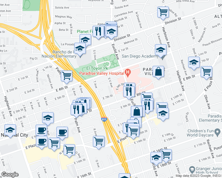 map of restaurants, bars, coffee shops, grocery stores, and more near 620 South V Avenue in National City