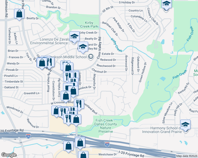 map of restaurants, bars, coffee shops, grocery stores, and more near 3713 Magnolia Drive in Grand Prairie