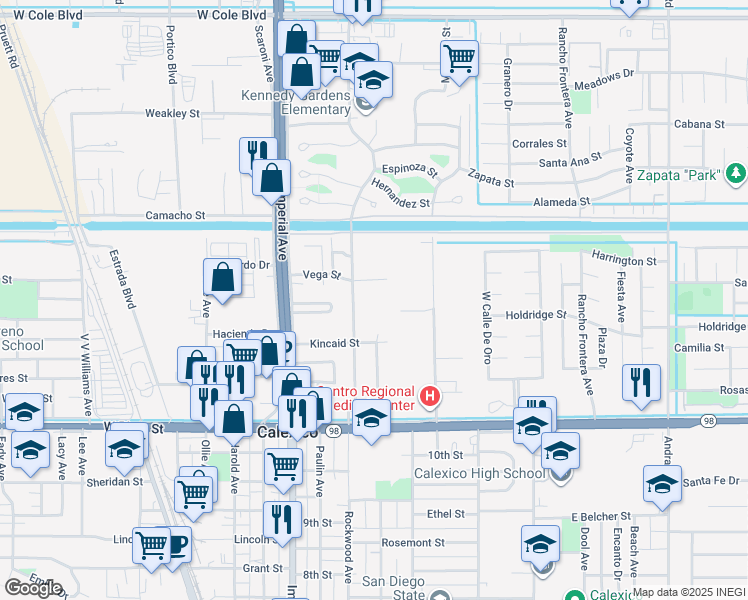 map of restaurants, bars, coffee shops, grocery stores, and more near 1630 Rockwood Avenue in Calexico