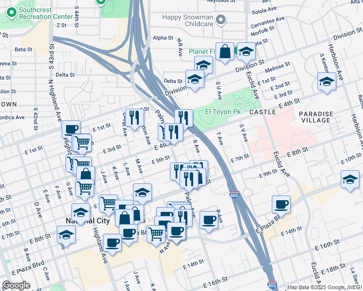 map of restaurants, bars, coffee shops, grocery stores, and more near 433 Palm Avenue in National City