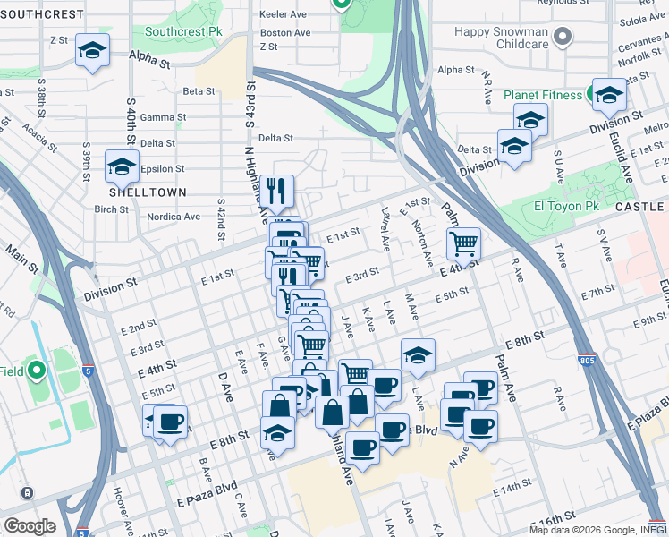 map of restaurants, bars, coffee shops, grocery stores, and more near 928 East 2nd Street in National City