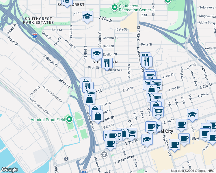 map of restaurants, bars, coffee shops, grocery stores, and more near 248 Division Street in National City