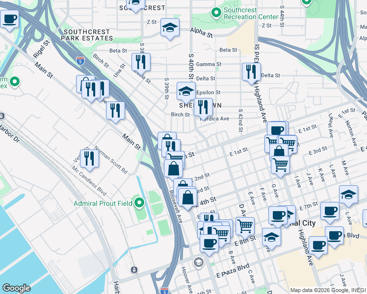 map of restaurants, bars, coffee shops, grocery stores, and more near 3909 Marine View Avenue in San Diego