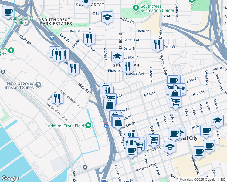 map of restaurants, bars, coffee shops, grocery stores, and more near 3909 Marine View Avenue in San Diego