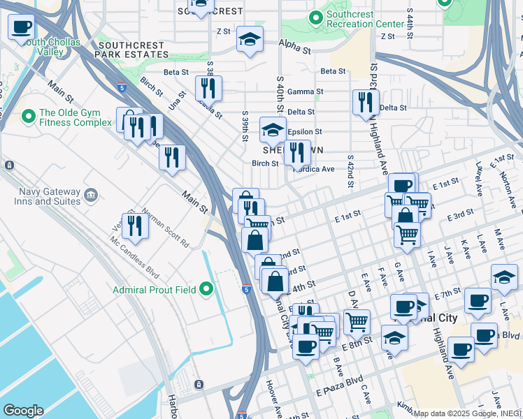 map of restaurants, bars, coffee shops, grocery stores, and more near 3909 Marine View Avenue in San Diego