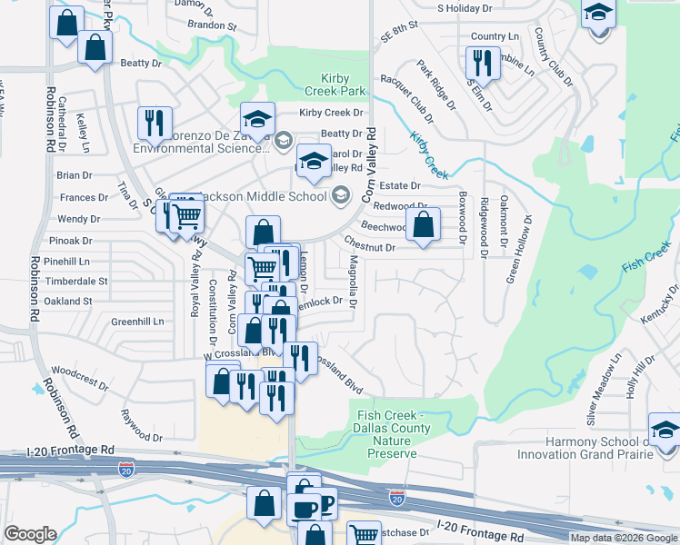 map of restaurants, bars, coffee shops, grocery stores, and more near 402 Yaupon Drive in Grand Prairie