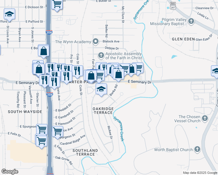 map of restaurants, bars, coffee shops, grocery stores, and more near 4379 Berke Road in Fort Worth