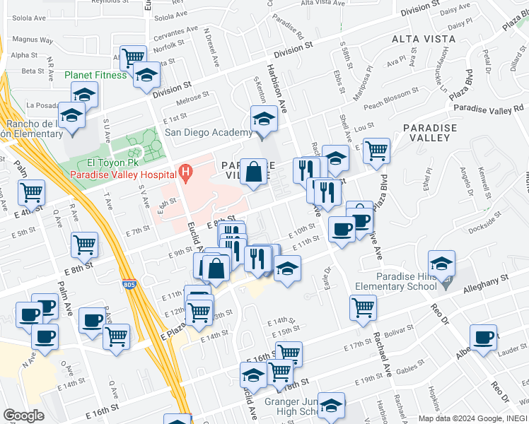 map of restaurants, bars, coffee shops, grocery stores, and more near 2806 East 8th Street in National City
