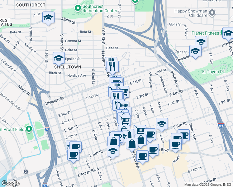 map of restaurants, bars, coffee shops, grocery stores, and more near 133 Highland Avenue in National City