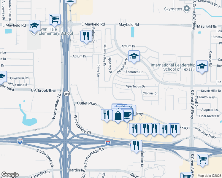 map of restaurants, bars, coffee shops, grocery stores, and more near 3515 Paladium Drive in Grand Prairie