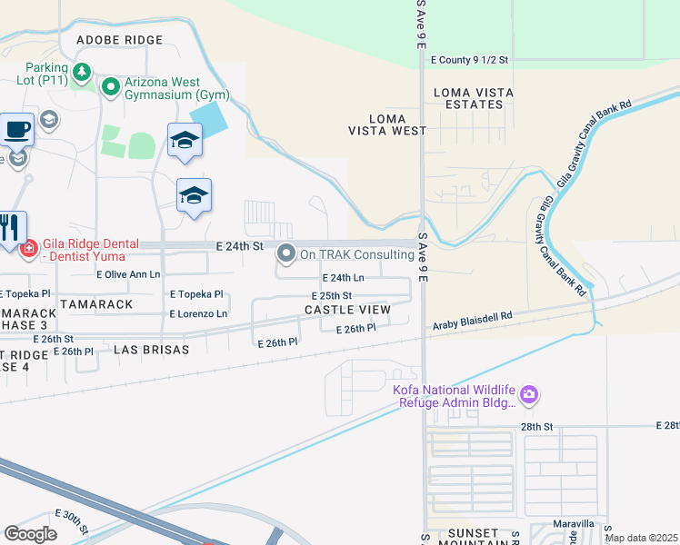 map of restaurants, bars, coffee shops, grocery stores, and more near 8756 East 24th Lane in Yuma
