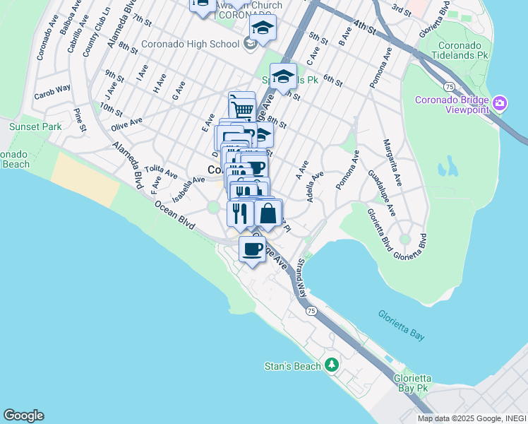 map of restaurants, bars, coffee shops, grocery stores, and more near 1301 California 75 in Coronado