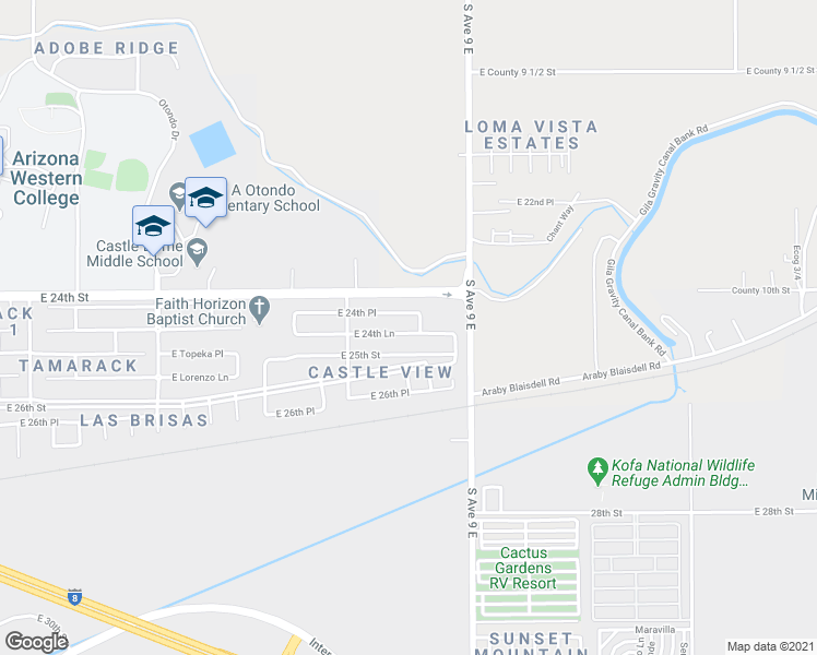 map of restaurants, bars, coffee shops, grocery stores, and more near 8862 East 24th Lane in Yuma