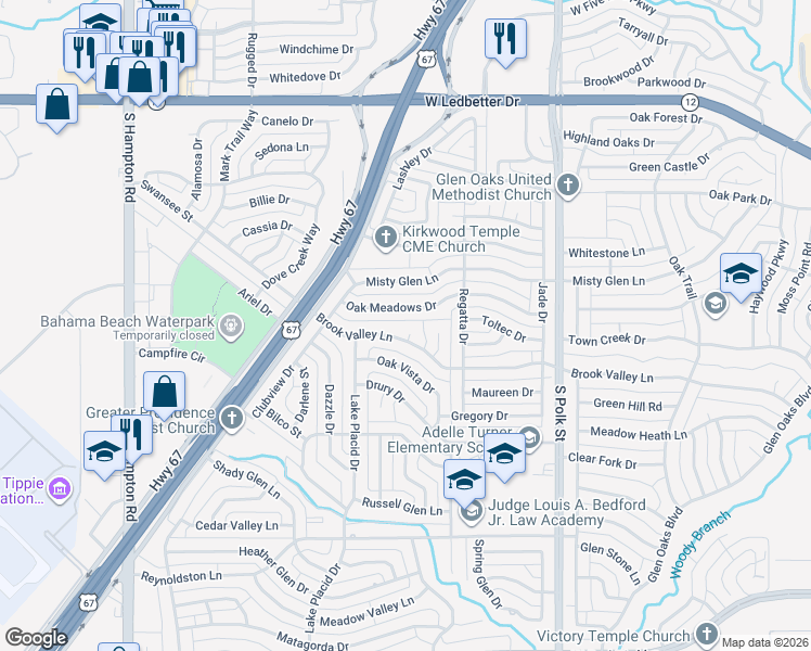 map of restaurants, bars, coffee shops, grocery stores, and more near 1515 Brook Valley Court in Dallas
