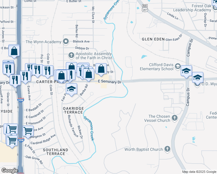 map of restaurants, bars, coffee shops, grocery stores, and more near 1400 East Seminary Drive in Fort Worth