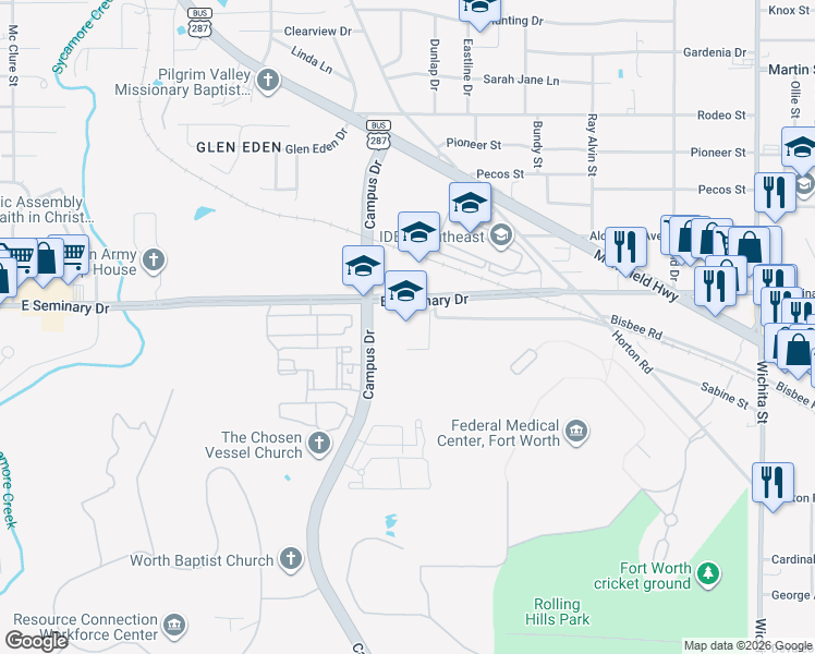 map of restaurants, bars, coffee shops, grocery stores, and more near 2400 East Seminary Drive in Fort Worth