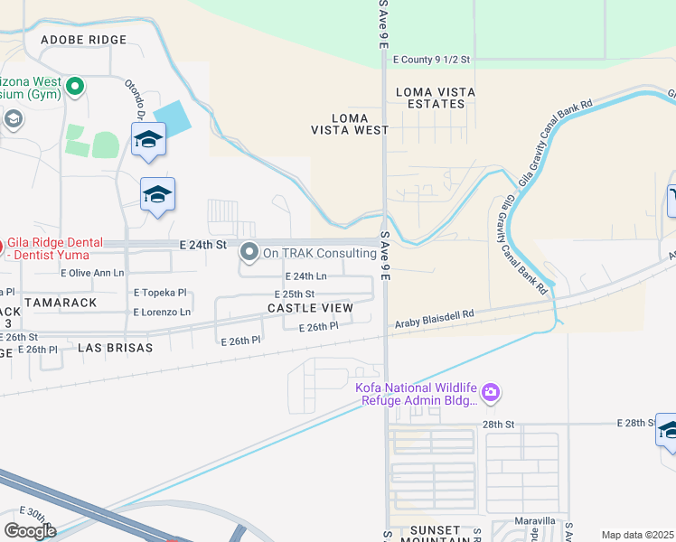 map of restaurants, bars, coffee shops, grocery stores, and more near 8886 East 24th Lane in Yuma