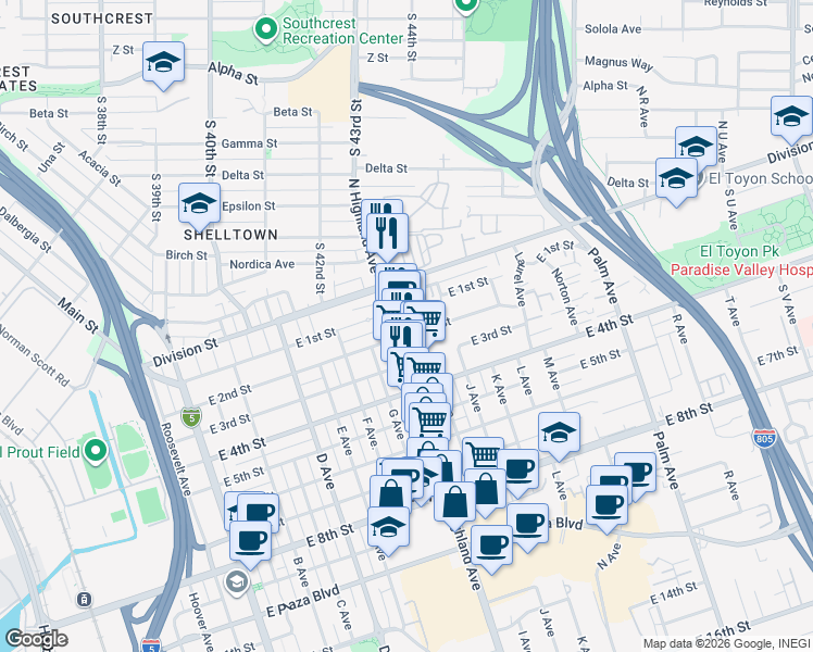 map of restaurants, bars, coffee shops, grocery stores, and more near 821 East 2nd Street in National City