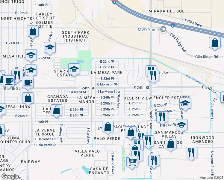 map of restaurants, bars, coffee shops, grocery stores, and more near 1344 East La Mesa Street in Yuma