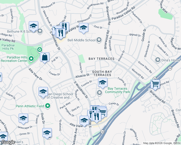 map of restaurants, bars, coffee shops, grocery stores, and more near 7009 Gunzan Street in San Diego