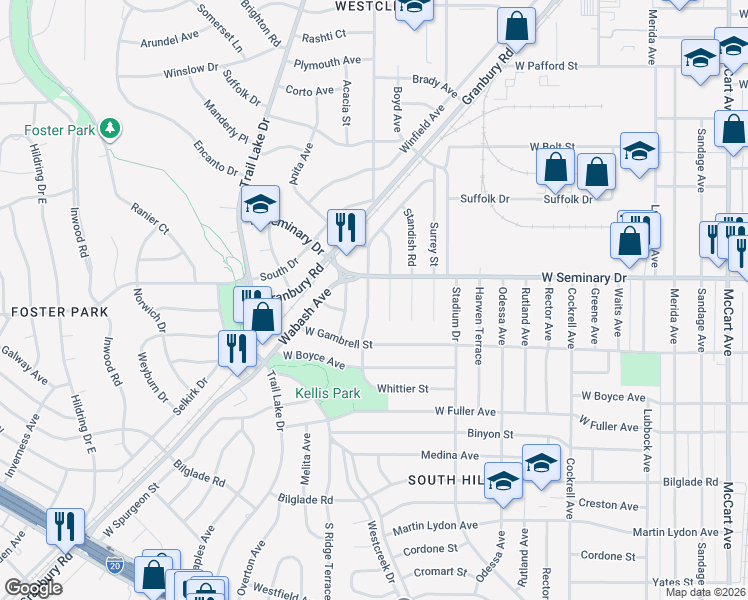 map of restaurants, bars, coffee shops, grocery stores, and more near 4320 Wilson Lane in Fort Worth
