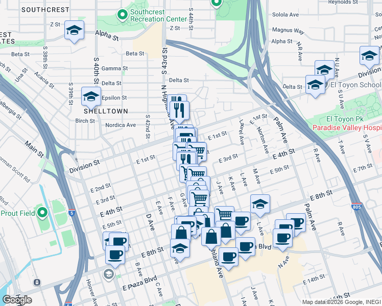 map of restaurants, bars, coffee shops, grocery stores, and more near 821 East 2nd Street in National City