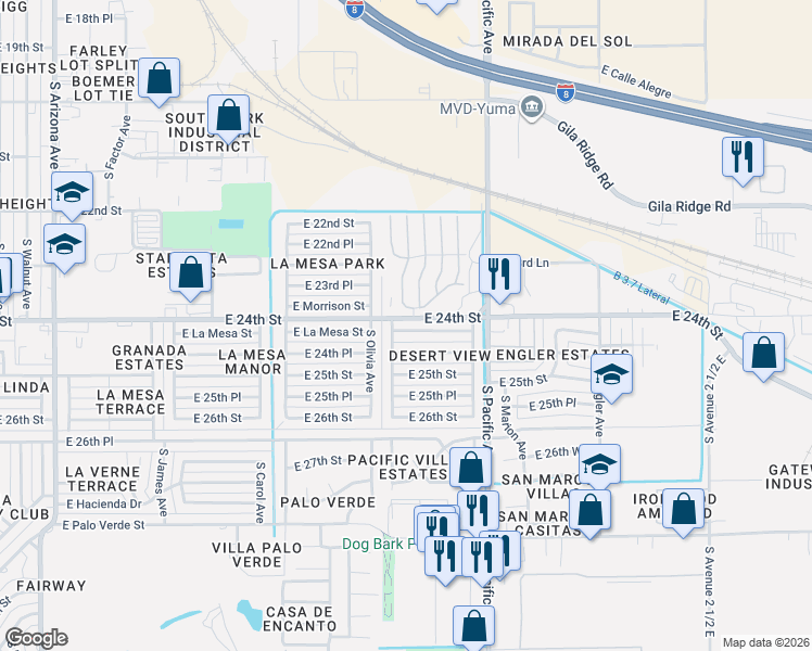 map of restaurants, bars, coffee shops, grocery stores, and more near 2037 East La Mesa Street in Yuma