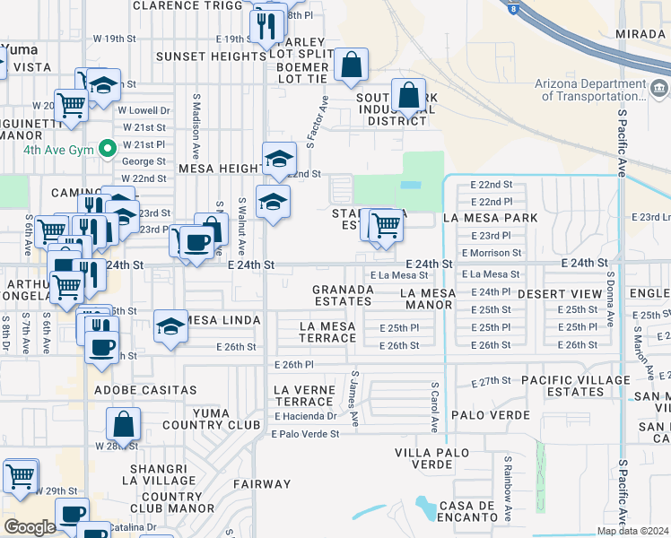 map of restaurants, bars, coffee shops, grocery stores, and more near 2429 South James Drive in Yuma