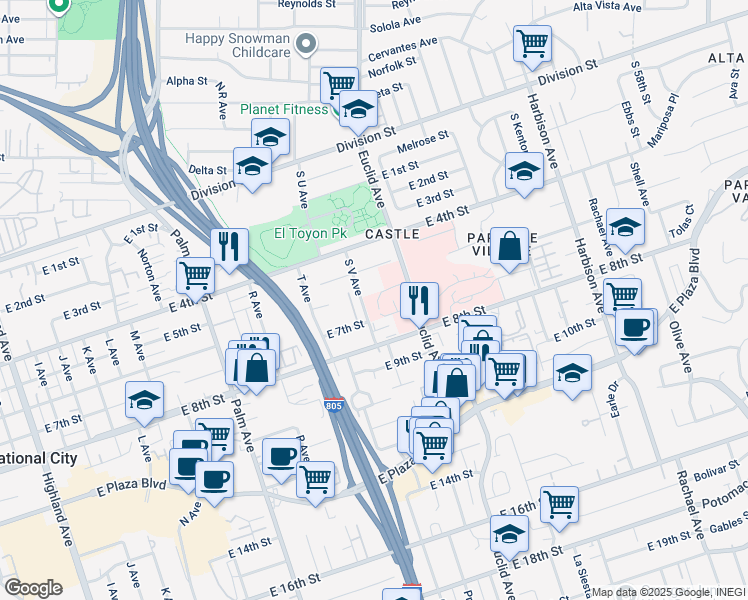 map of restaurants, bars, coffee shops, grocery stores, and more near 2325 East 7th Street in National City