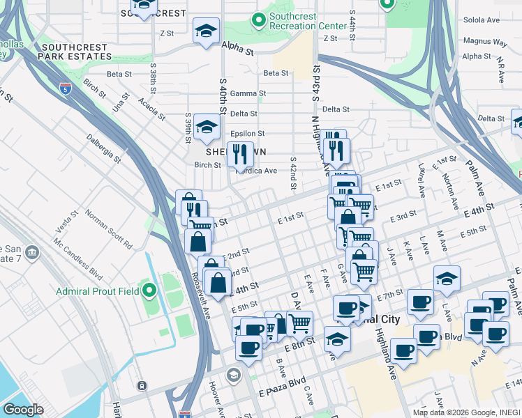 map of restaurants, bars, coffee shops, grocery stores, and more near 248 Division Street in National City