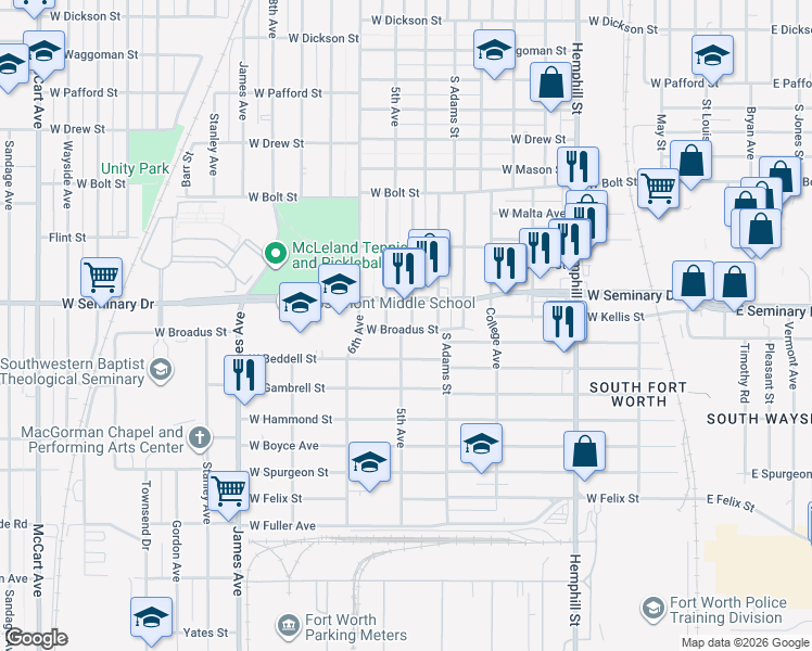 map of restaurants, bars, coffee shops, grocery stores, and more near 1225 West Broadus Street in Fort Worth