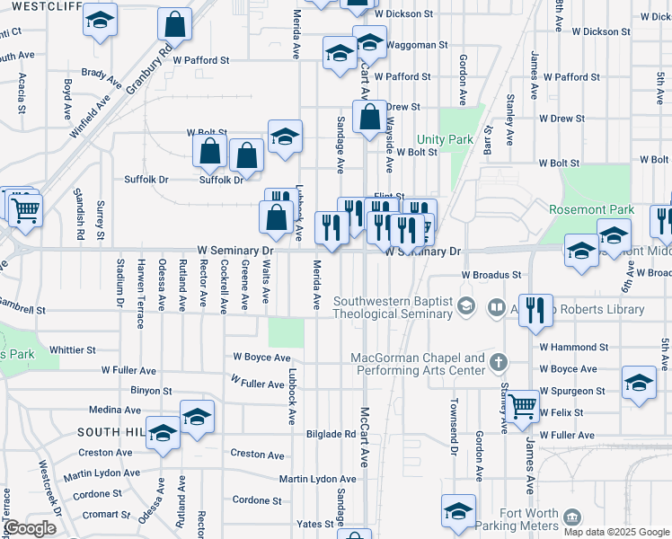 map of restaurants, bars, coffee shops, grocery stores, and more near 4378 Sandage Avenue in Fort Worth
