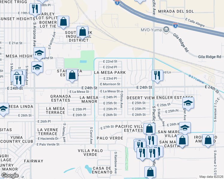 map of restaurants, bars, coffee shops, grocery stores, and more near 1341-1345 East La Mesa Street in Yuma