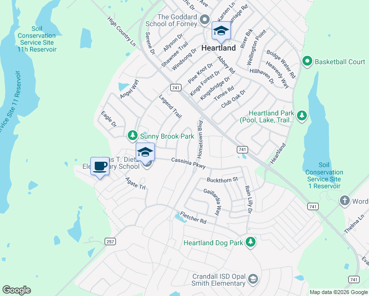 map of restaurants, bars, coffee shops, grocery stores, and more near 2107 Indigo Lane in Forney