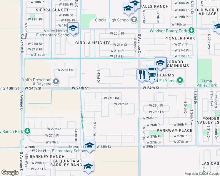 map of restaurants, bars, coffee shops, grocery stores, and more near 4269 West 24th Street in Yuma