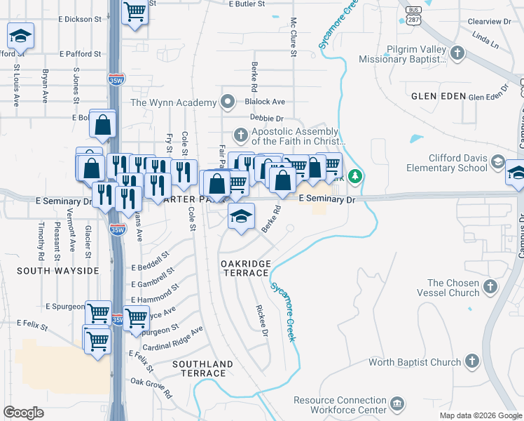 map of restaurants, bars, coffee shops, grocery stores, and more near 4379 Berke Road in Fort Worth