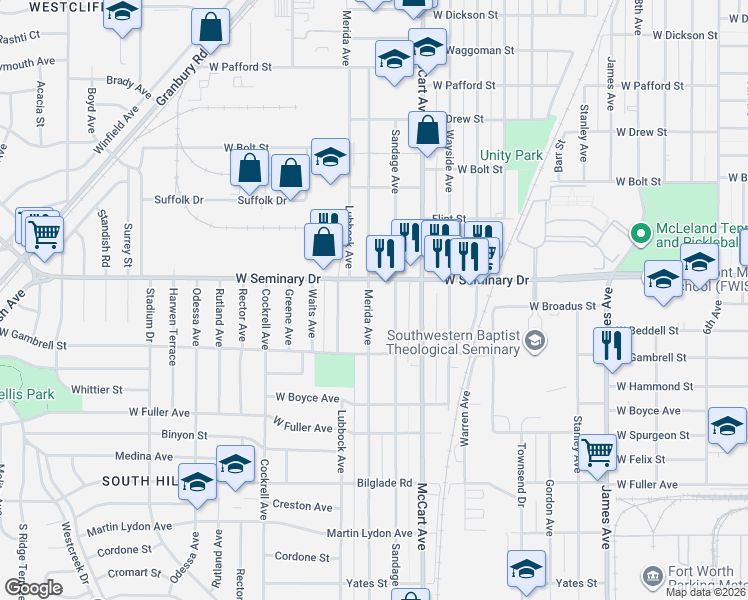 map of restaurants, bars, coffee shops, grocery stores, and more near 4378 Sandage Avenue in Fort Worth