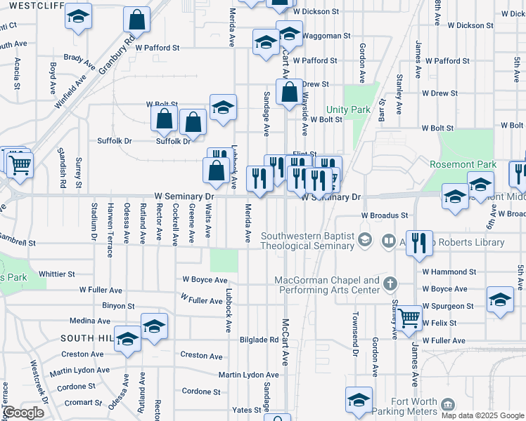 map of restaurants, bars, coffee shops, grocery stores, and more near 4378 Sandage Avenue in Fort Worth
