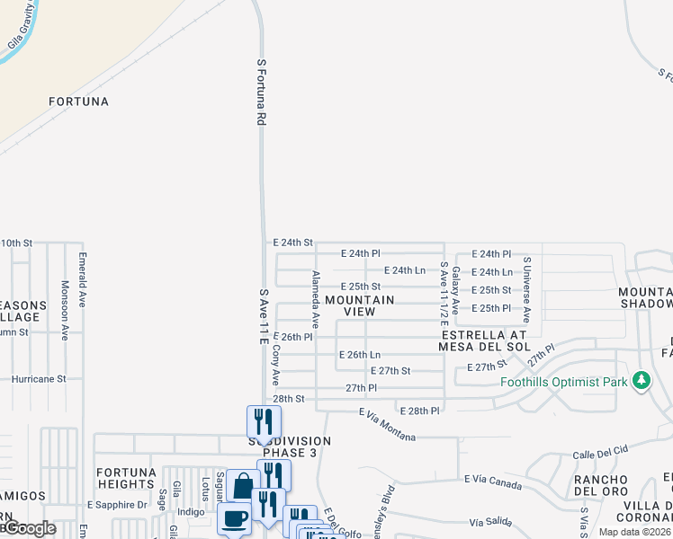 map of restaurants, bars, coffee shops, grocery stores, and more near 11281 East 24th Lane in Yuma