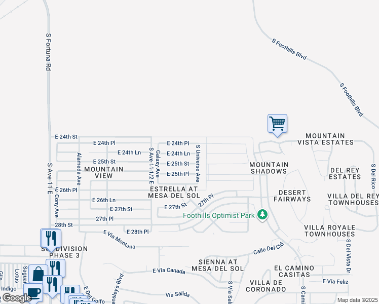 map of restaurants, bars, coffee shops, grocery stores, and more near 11632 East 24th Lane in Yuma