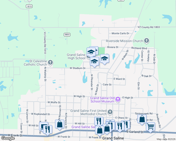 map of restaurants, bars, coffee shops, grocery stores, and more near 1015 North Oleander Street in Grand Saline