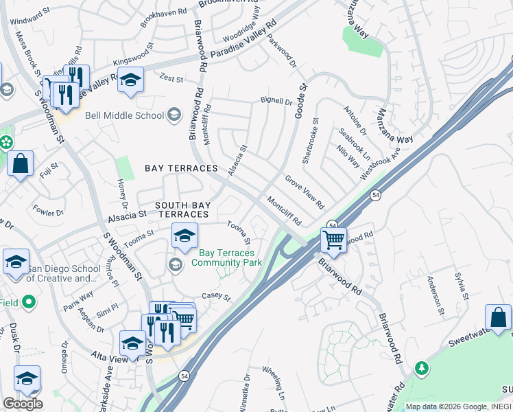 map of restaurants, bars, coffee shops, grocery stores, and more near 7352 Tooma Street in San Diego