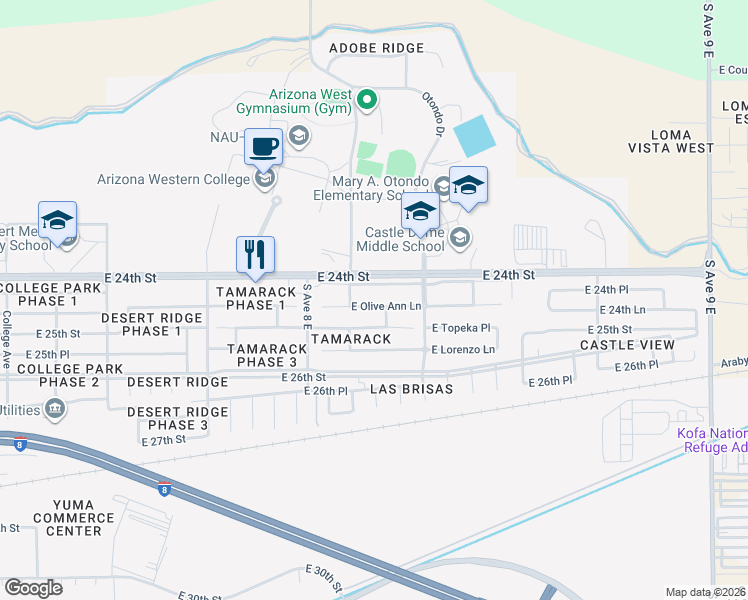 map of restaurants, bars, coffee shops, grocery stores, and more near 8125 East Olive Ann Lane in Yuma