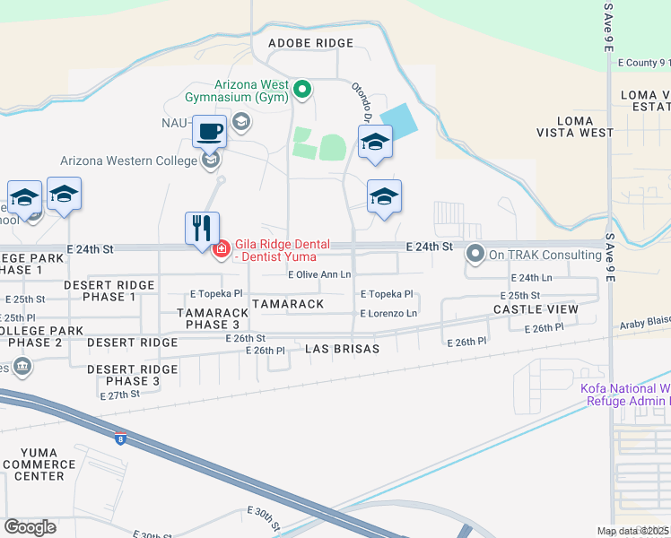 map of restaurants, bars, coffee shops, grocery stores, and more near 8244 East Olive Ann Lane in Yuma